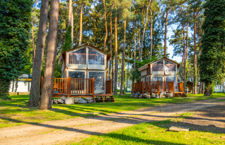 Dos cabañas Air Lodge con terrazas de madera en un claro soleado, rodeadas de pinos altos y césped verde.