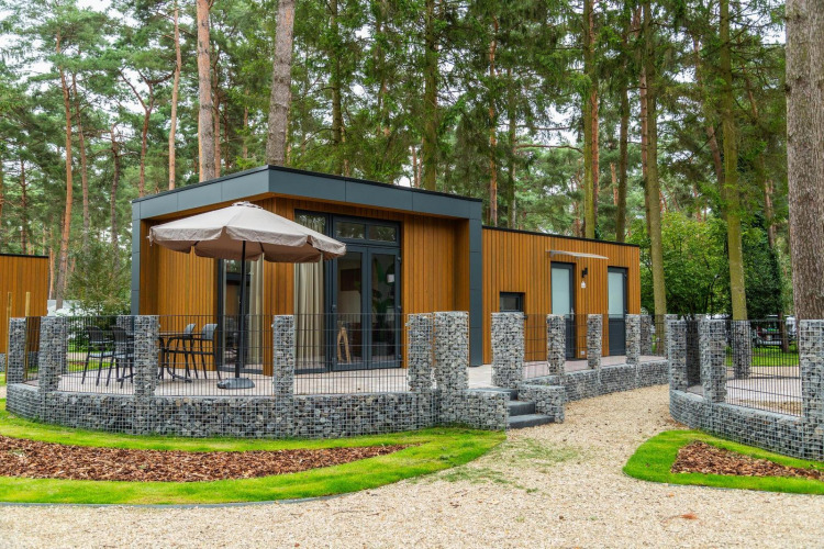 Cabaña de glamping en el bosque con revestimiento de madera moderna, terraza y valla de piedra.