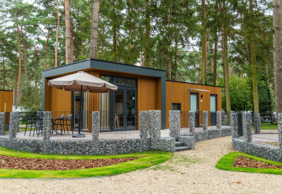 Cabaña de glamping en el bosque con revestimiento de madera moderna, terraza y valla de piedra.