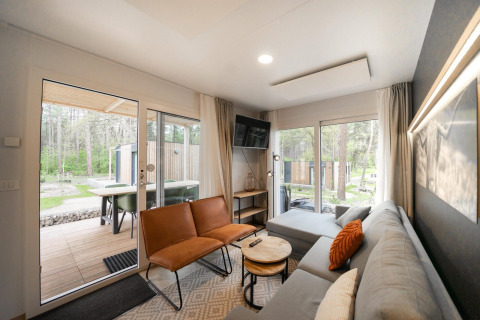 Living room at Belsano lodge at Hoge Kempen, Belgium, featuring modern decor and forest views outside.