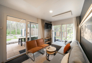 Sala de estar en el lodge Belsano en Hoge Kempen, Bélgica, con decoración moderna y vistas al bosque.