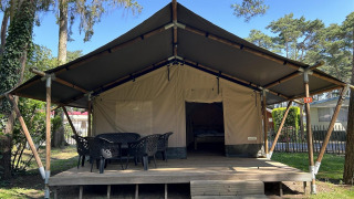 Ruime glamping-tent met houten terras en tuinstoelen, gelegen tussen bomen op een rustige camping.