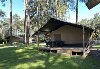 Ein Glampingplatz im Wald mit großen Zelten auf Holzterrassen, Tisch und Stühlen, umgeben von Bäumen.