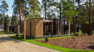 Moderne Tiny Houses namens Forest Cottage stehen in einem bewaldeten Gebiet mit gepflegten Wegen und Pflanzen.