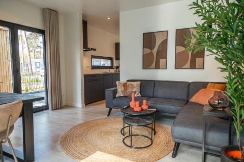 Modernes Wohnzimmer mit grauem Sofa, orangen Dekoren und Kunstwerken im Forest Cottage, Hoge Kempen, Belgien.