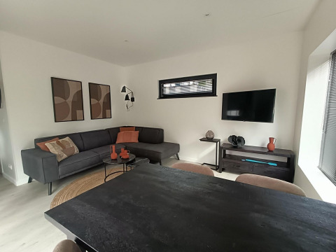 Sala moderna en la tiny house Forest Cottage en Hoge Kempen, Bélgica, con sofá esquinero y televisor.