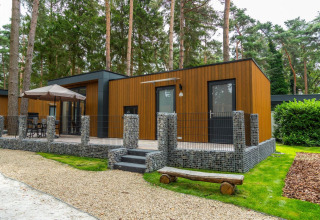 Lodge moderne en bois dans la forêt avec terrasse, mobilier de jardin et murets en pierre.