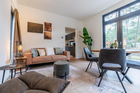 Sala de estar de lodge moderno con sofá marrón, grandes ventanas, comedor y plantas verdes.