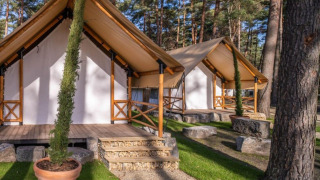 Twee Papendaal lodge tenten in een bosrijke omgeving, omringd door bomen, stenen en gras.