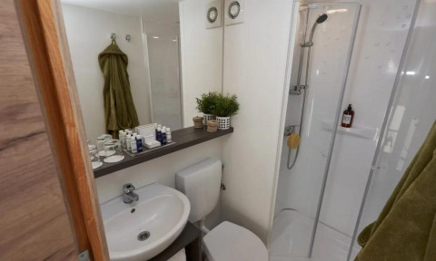 Badeværelse med vask, toilet, brusekabine og grønne håndklæder i Papendaal Lodge, Hoge Kempen, Belgien.