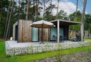 Trælodge ved Lieteberg cottage i Hoge Kempen, Belgien, omgivet af skov og med terrasse og møbler.