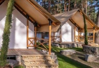 Tenda safari Papendaal lodge a Hoge Kempen, Belgio, immersa nel verde e sentieri in pietra.