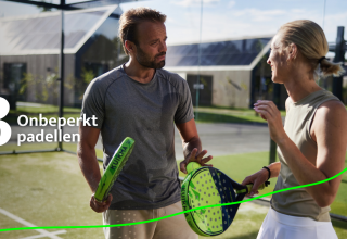 Two people play padel tennis outdoors at Unbrick One lodge, with sauna and pool facilities in the background.