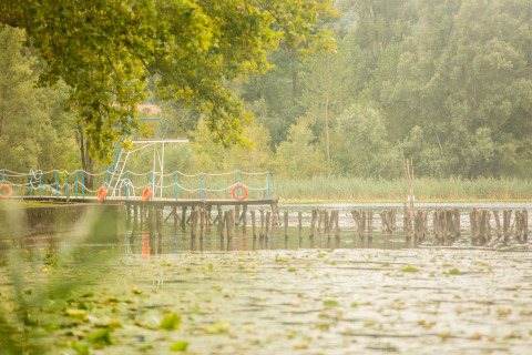 Steg mit Sprungbrett und Rettungsringen an einem friedlichen See inmitten grüner Bäume in Venetien, Italien.
