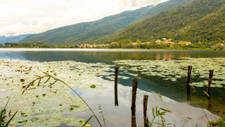 Vista del lago en Camping Al Lago di Lago, un parque de vacaciones en Véneto, Italia, con montañas y lirios de agua.