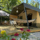 Safari telt Base Lodge med træ terrasse, hængekøje, parasol, blomster og grøn skov i baggrunden.