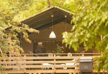 Tienda safari Wood Lodge en Camping Al Lago di Lago, Italia, rodeada de vegetación verde y árboles frondosos.