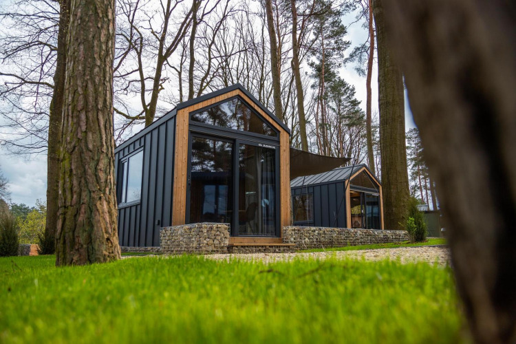 Tiny House en Hoge Kempen, Bélgica, diseño moderno con ventanas grandes, situado entre árboles altos.