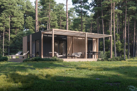 Moderne Thor cottage lodge in een groene bosomgeving, met een gezellig terras en buitenzitgedeelte.