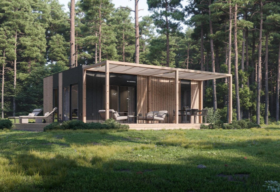Modern Thor cottage lodge set in a tranquil forest, featuring a spacious terrace and outdoor seating area.