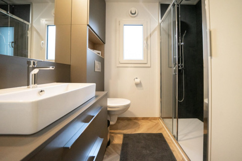Baño moderno en la cabaña Thor en Hoge Kempen, Bélgica, con ducha, lavabo, inodoro y espejo grande.