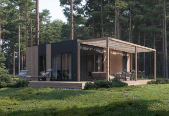 Lodge Thor Cottage en Hoge Kempen, Bélgica, casa de madera moderna con terraza en un bosque de pinos.