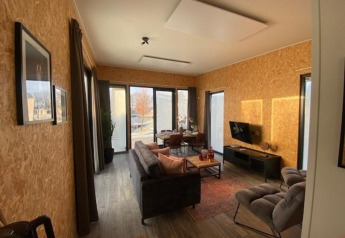 Modern lodge living room with large windows, wood walls, and cozy decor at IJssel Islands, Netherlands.