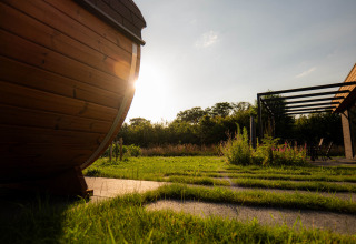 Sunset over grassy landscape at Hofparken Wiltershaar holiday park in Gelderland, Netherlands, with wood cabin.