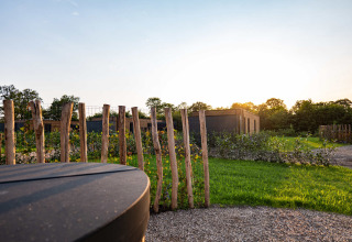 Sunset over green fields and modern cabins at Hofparken Wiltershaar holiday park in Gelderland, Netherlands.