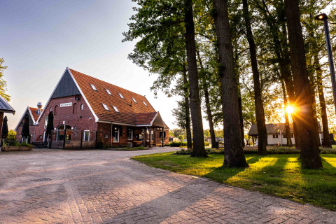 Amanecer en el parque vacacional Hofparken Wiltershaar en Gelderland, Países Bajos, con árboles y casa de ladrillo rojo.