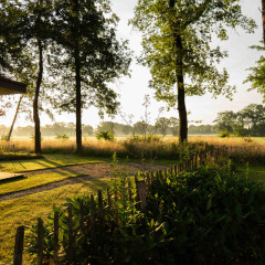 Paisaje bañado por el sol matinal en Hofparken Wiltershaar, un parque vacacional en Gelderland, Países Bajos.