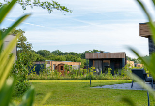 Modern holiday cottages with wood facades and green surroundings at Hofparken Wiltershaar, Gelderland, Netherlands