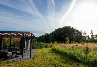 Moderne vakantiewoning in Hofparken Wiltershaar, omgeven door groene velden en bomen te Gelderland, Nederland.