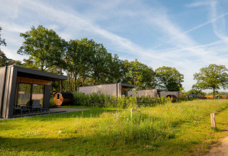 Moderne ferieboliger omgivet af natur og træer i Hofparken Wiltershaar, Gelderland i Holland.