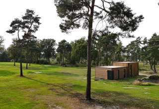 Moderne feriebolig i træ omgivet af grønne træer og græs på Hofparken De Bergvennen i Overijssel, Holland.