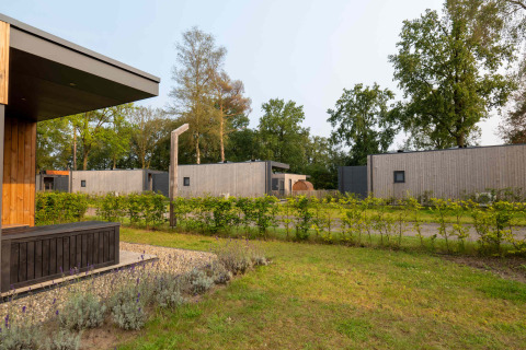 Moderne vakantieverblijven bij Hofparken De Bergvennen in Overijssel, Nederland, omringd door groen en bomen.