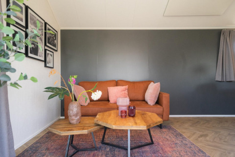 Lichte, moderne woonkamer met bruine bank, kleurrijke kussens en bloemen bij Velthorst Lodge, IJssel Eilanden, Nederland.