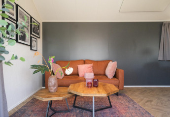 Lyst, moderne stue med brun sofa, farverige puder og blomster ved Velthorst-lodgen på IJssel-øerne, Holland.