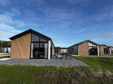 Moderne Velthorst-lodges op The IJssel Islands, Nederland, met glazen gevels en een groene omgeving.