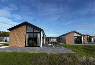 Modernos lodges Velthorst en The IJssel Islands, Países Bajos, con fachadas de vidrio y césped verde.