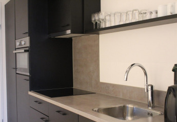 Modern tiny house kitchen with black cabinets, oven, stovetop, sink and glasses on a shelf in the Netherlands.