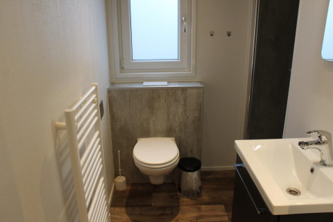 Baño moderno en la tiny house Berkel en las Islas IJssel, Países Bajos, con inodoro, lavabo y ventana.