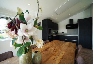 Cocina moderna y comedor en la cabaña Hackfort de las Islas IJssel, Países Bajos, con jarrón de flores.