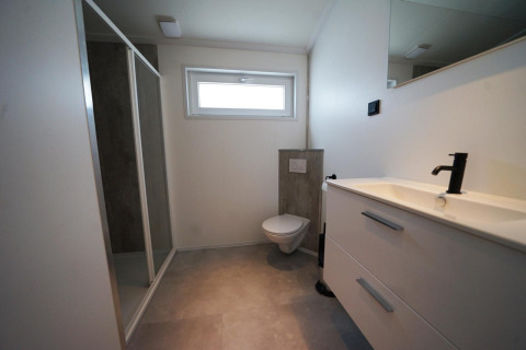 Baño moderno en la cabaña Hackfort de The IJssel Islands, Países Bajos, con ducha y lavabo.