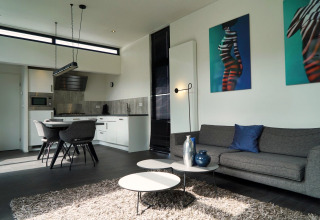 Moderne woonkamer en keuken in L-Cube lodge bij Spaarnwoude, Nederland, met stijlvolle inrichting en kunstwerken.