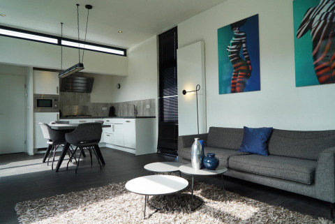 Sala de estar y cocina modernas en la L-Cube lodge en Spaarnwoude, Países Bajos, con decoración elegante y arte.