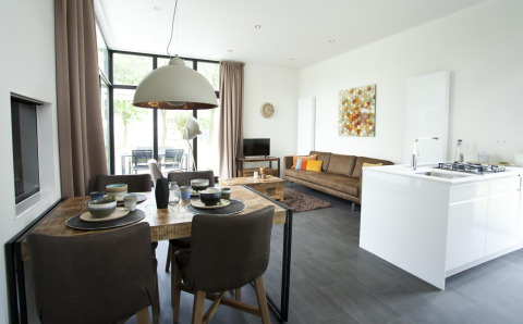 Moderne inrichting van Cube Maximaal lodge in Spaarnwoude, Nederland, met woon-, eet- en keukenruimte.
