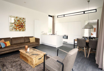Interior moderno de la lodge Cube Maximaal en Spaarnwoude, Países Bajos, con sala, cocina y comedor.