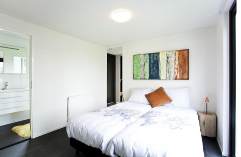 Dormitorio moderno en la cabaña Cube Maximaal en Spaarnwoude, Países Bajos, con cama doble y arte mural.