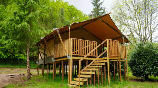 Tenda safari con servizi igienici su palafitte, circondata da alberi, con veranda e scala in legno.